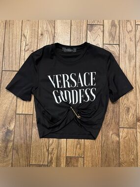 Versace Goddess Safety Pin Gathered Cropped Tee Shirt Black - Size 36⁠ XS